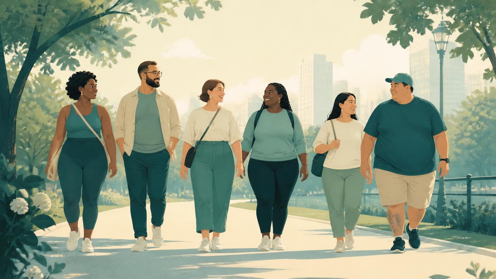 Illustration of six adults of different body sizes walking together through a sunlit city park.